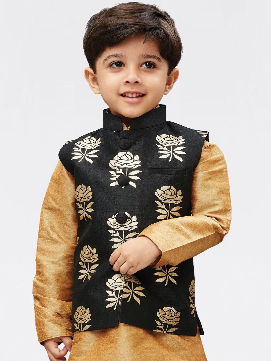 

VASTRAMAY Boys Black And Gold Woven Design Printed Slim-Fit Nehru Jacket