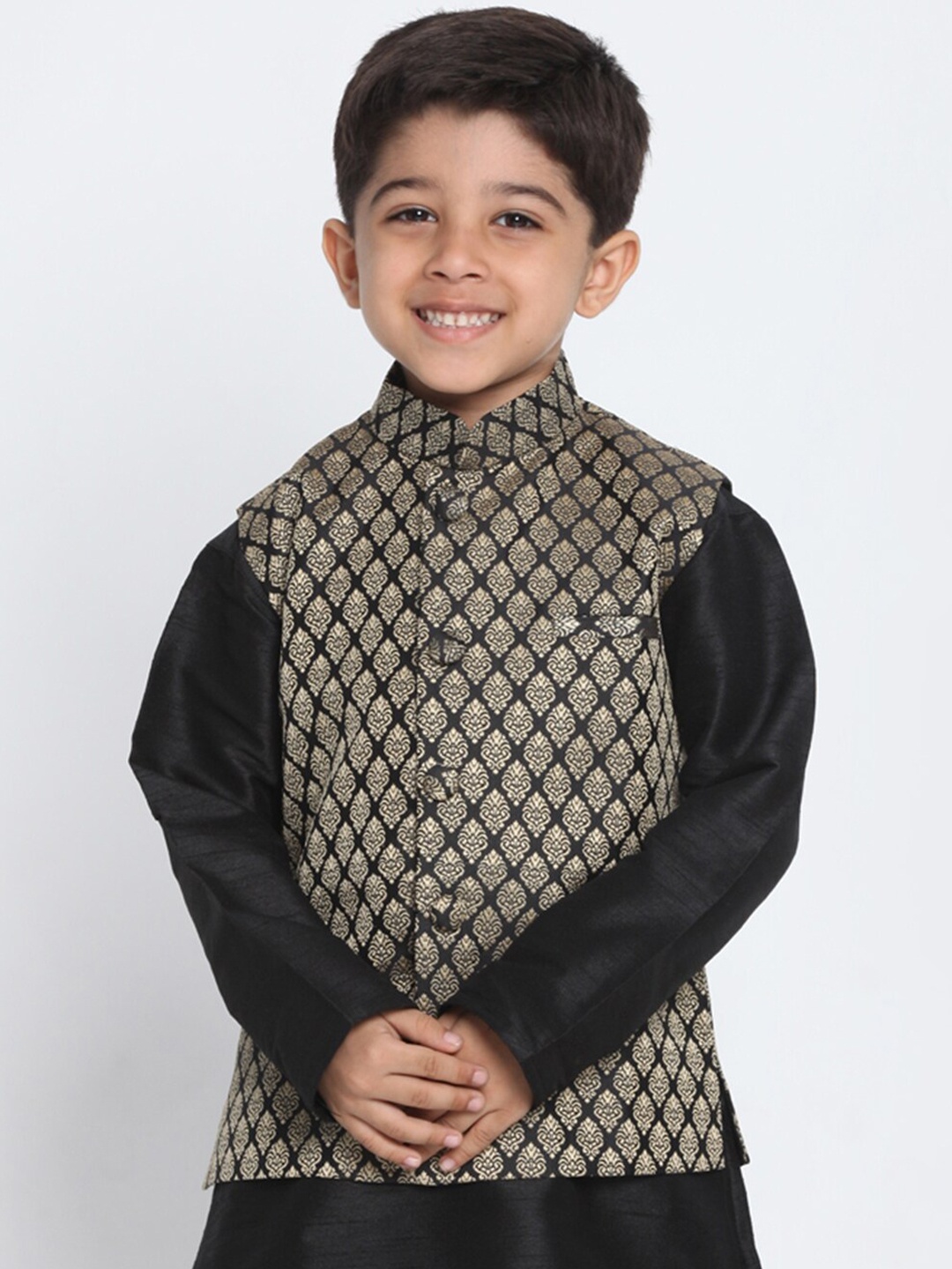 

VASTRAMAY Boys Black & Gold-Coloured Woven Design Slim-Fit Nehru Jackets