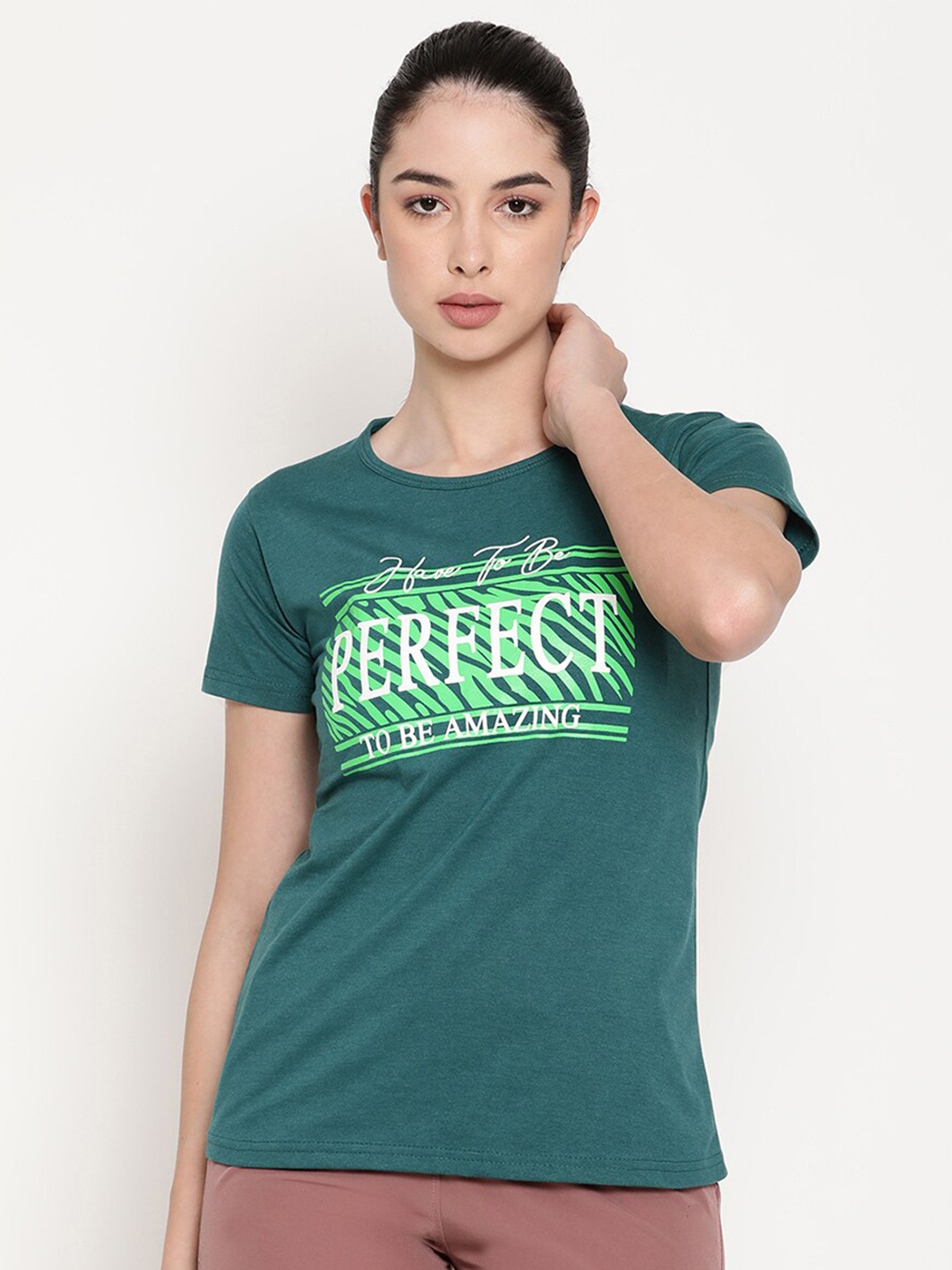 Gallus Women Green Typography Printed Applique T-shirt