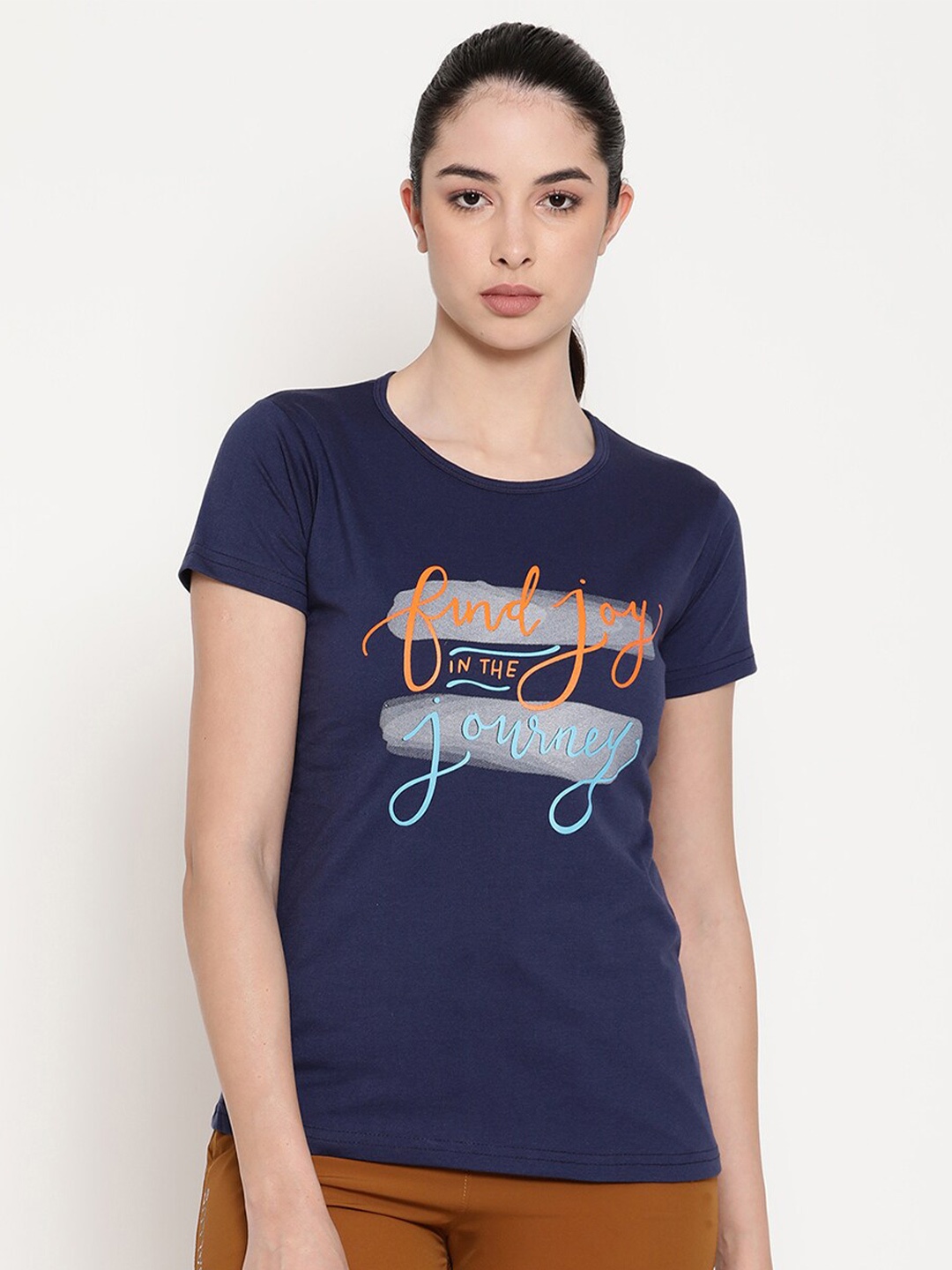 

Gallus Women Navy Blue & Multicoloured Typography Printed Extended Sleeves T-shirt