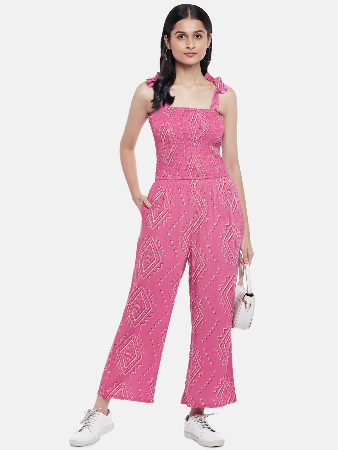 

People Pink & Off White Printed Smocked Basic Jumpsuit