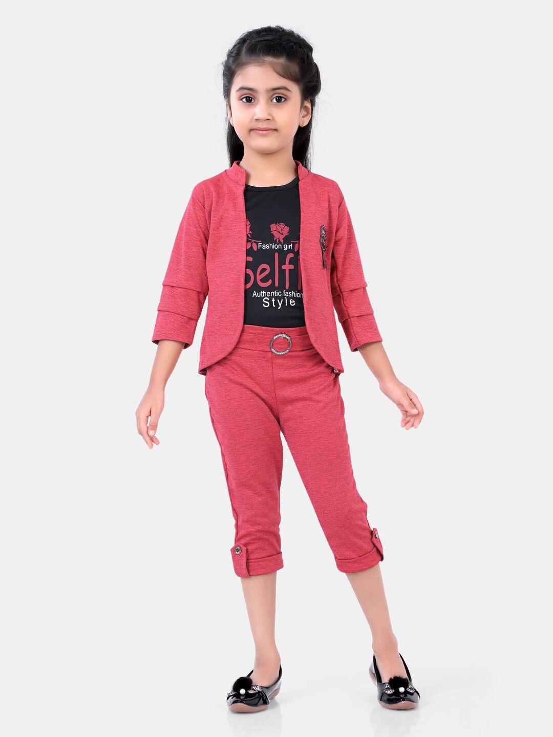 

POPLINS Girls Pink Printed Pure Cotton T-shirt with Capris