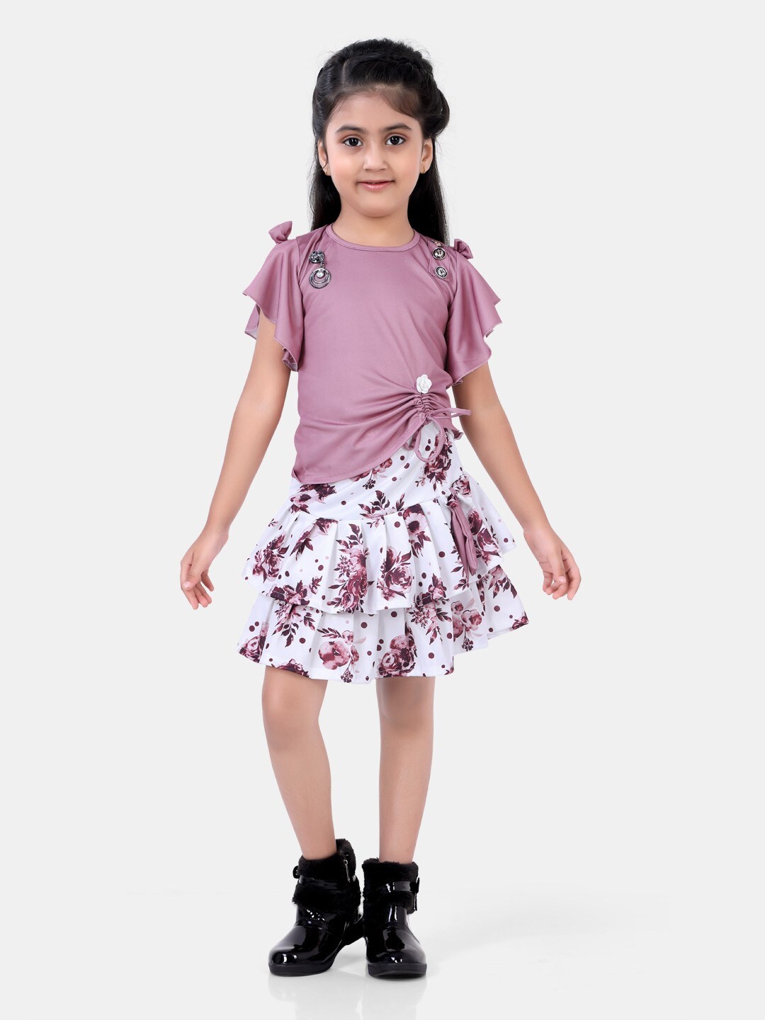

POPLINS Girls Lavender & White Printed Cotton Top with Skirt Clothing Set