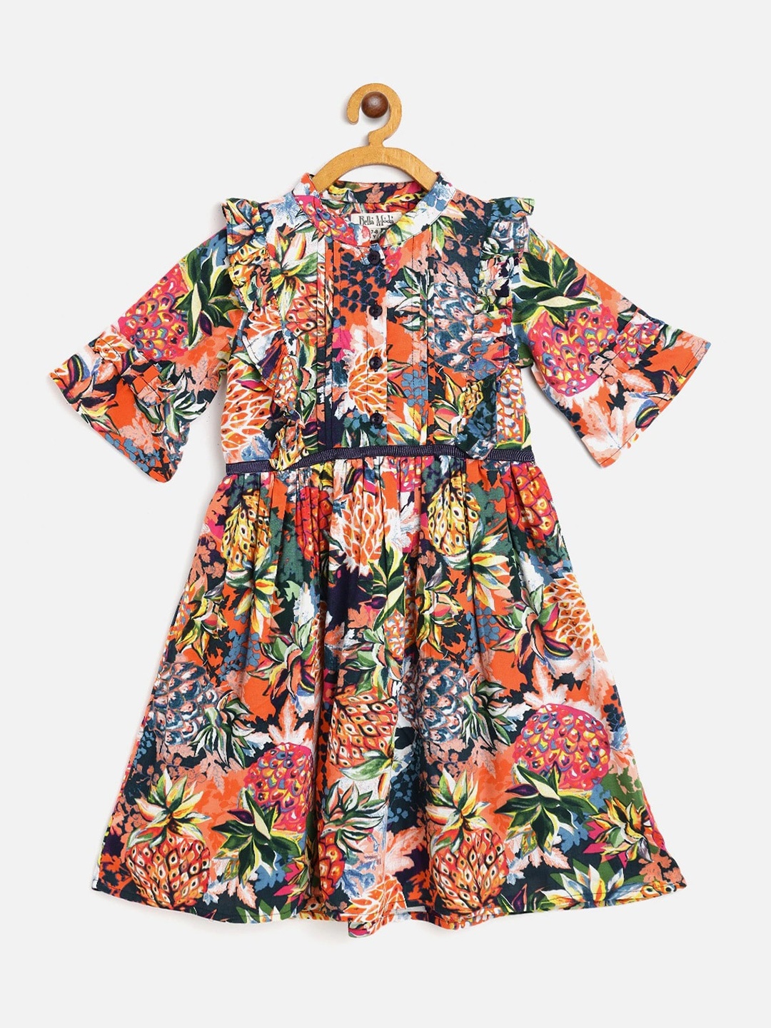 

Bella Moda Girls Multicoloured Tropical Printed Pure Cotton Fit & Flare Dress, Multi