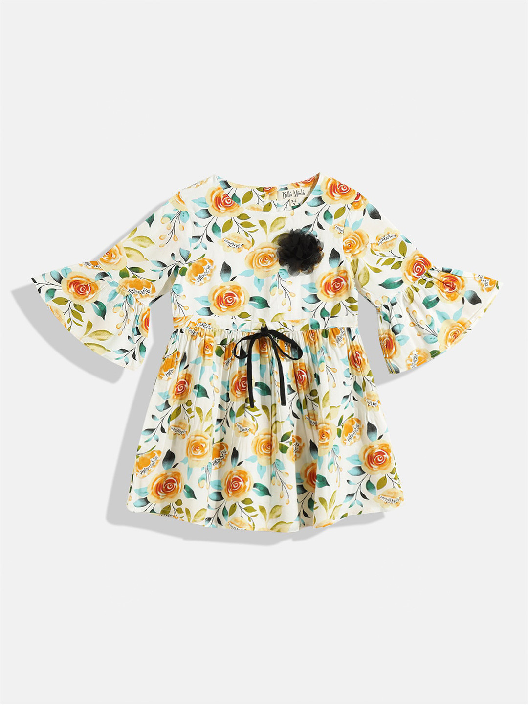 

Bella Moda Girls White & Green Floral Bell Sleeve Tie-Up Fit and Flare Dress