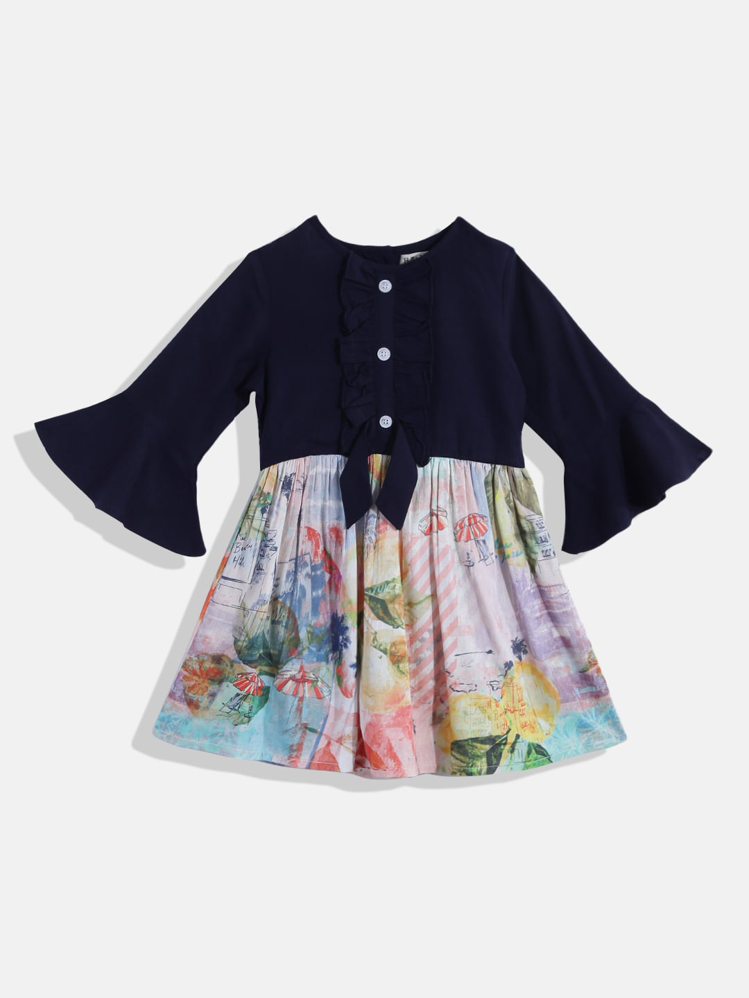 

Bella Moda Girls White & Navy Blue Pure Cotton Fit & Flare Dress