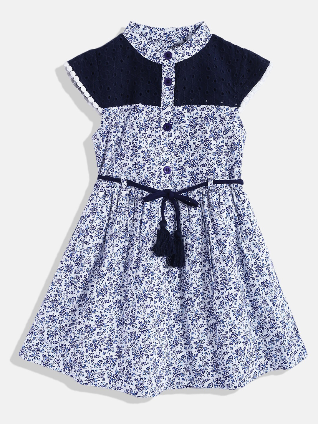 

Bella Moda Girls Navy Blue & White Floral Printed Pure Cotton Fit & Flare Dress