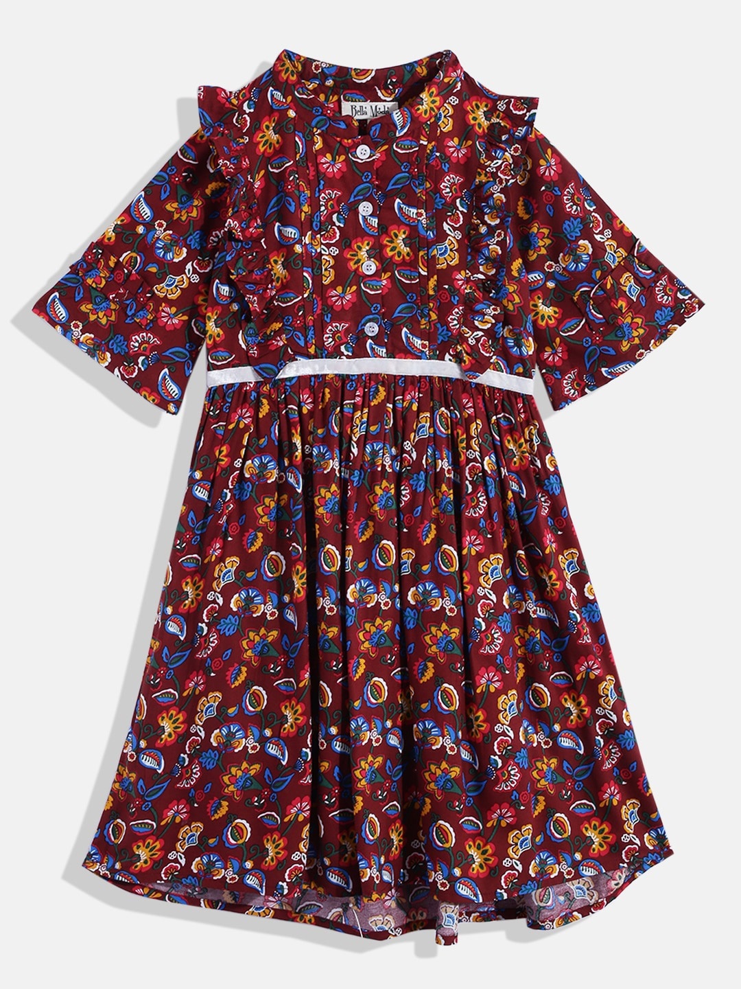 

Bella Moda Girls Maroon Ethnic Motifs Printed Pure Cotton Fit & Flare Dress
