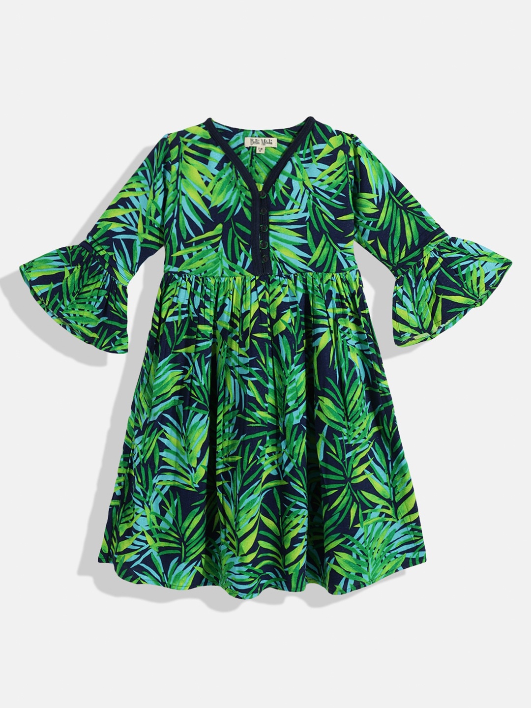 

Bella Moda Girls Green Tropical Printed Pure Cotton Fit & Flare Dress