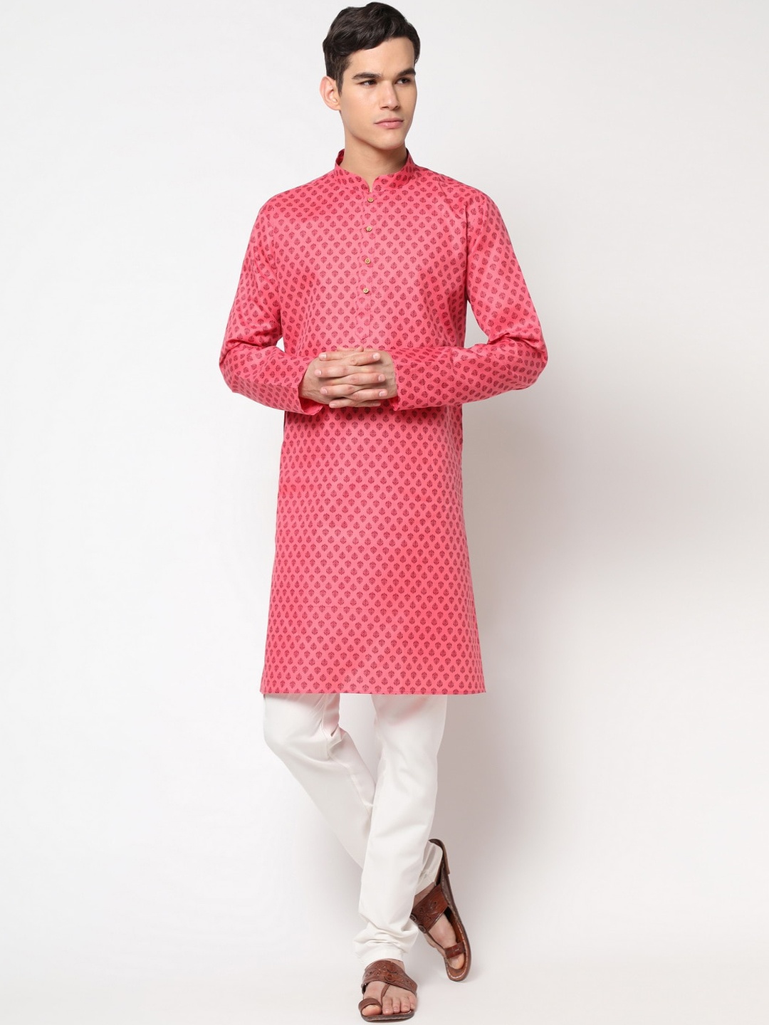 

Glemora Men Pink Printed Angrakha Kurta with Pyjamas