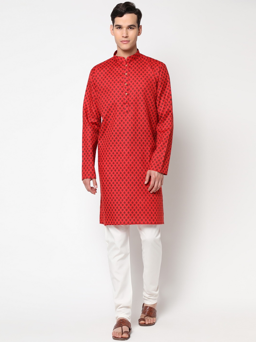 

Glemora Men Red & White Ethnic Motifs Printed Kurta with Churidar Set