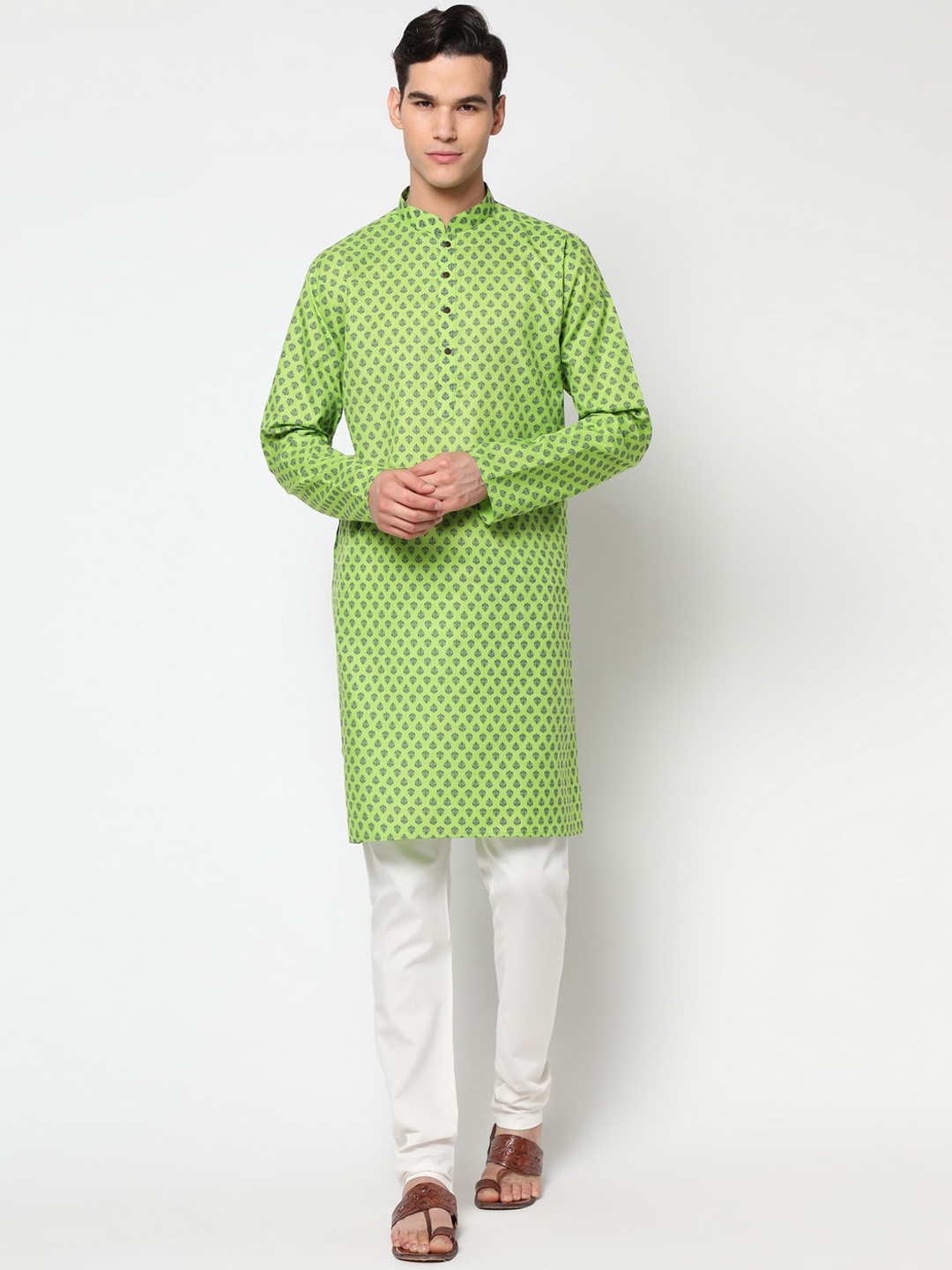

Glemora Men Green Ethnic Motifs Printed Kurti with Pyjamas