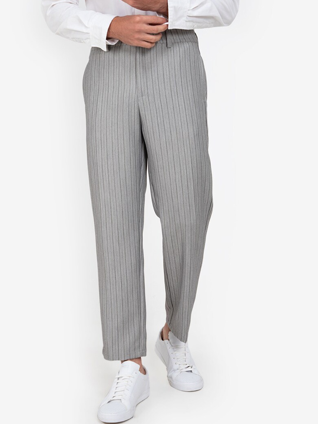 

ZALORA BASICS Men Grey Striped Tapered Fit Cropped Trousers