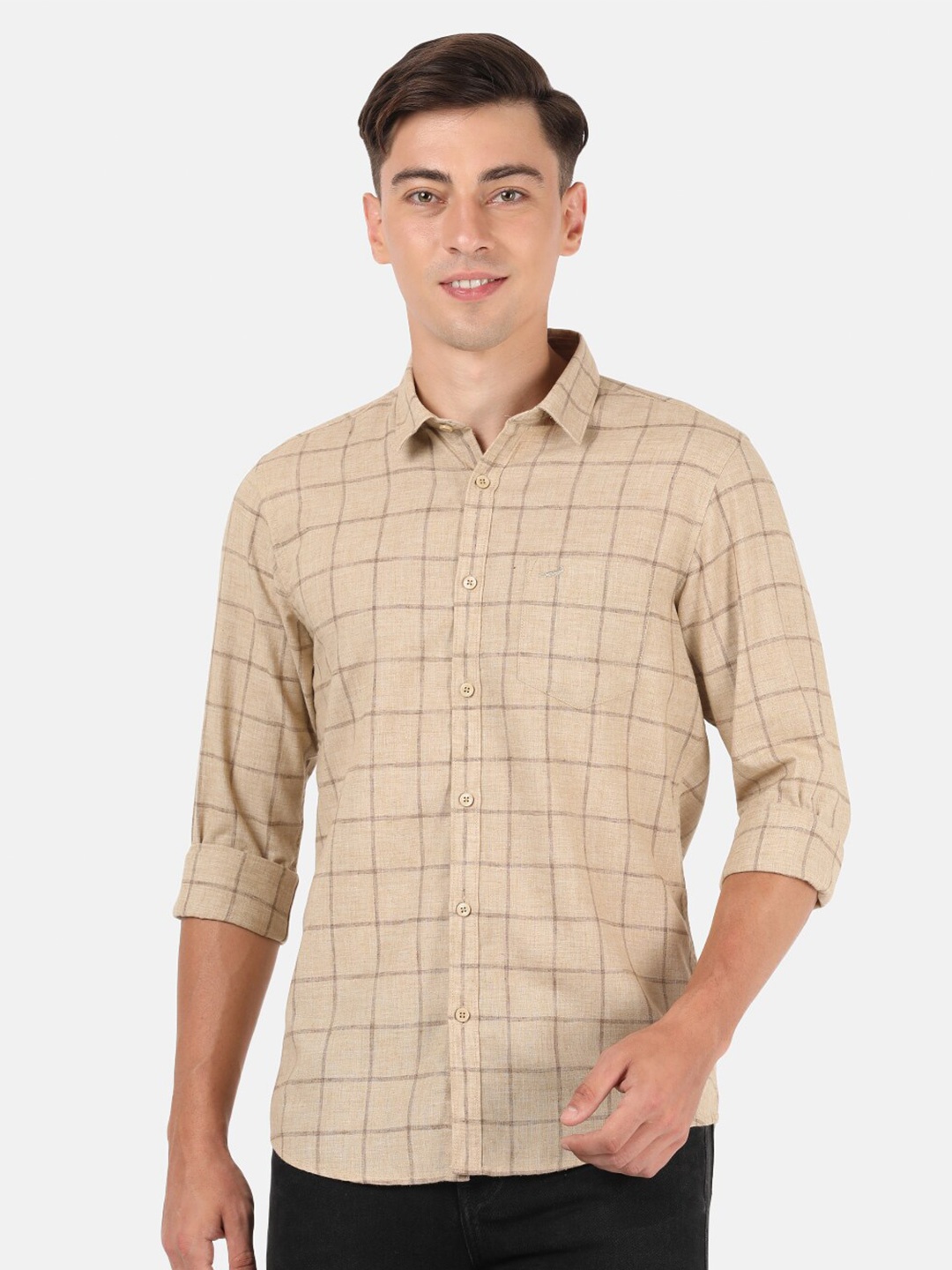 

Crocodile Men Beige Classic Slim Fit Windowpane Checked Casual Shirt