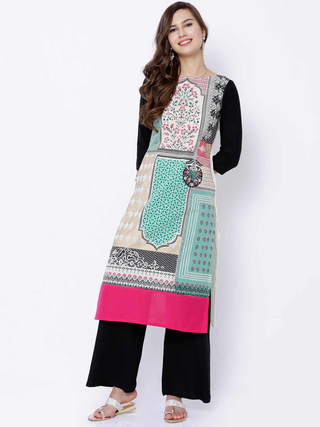 

Vishudh Women Cream-Coloured & Green Printed Straight Kurta