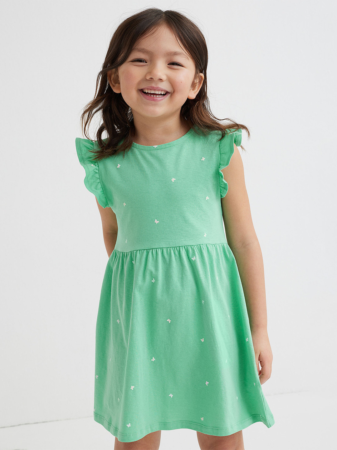 

H&M Girls Green & White Printed Round Neck Cotton Jersey Dress