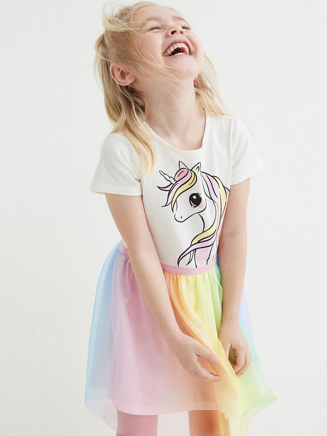 

H&M Girls Multicolored Round Neck Printed Cotton Tulle-Skirt Jersey Dress, Multi