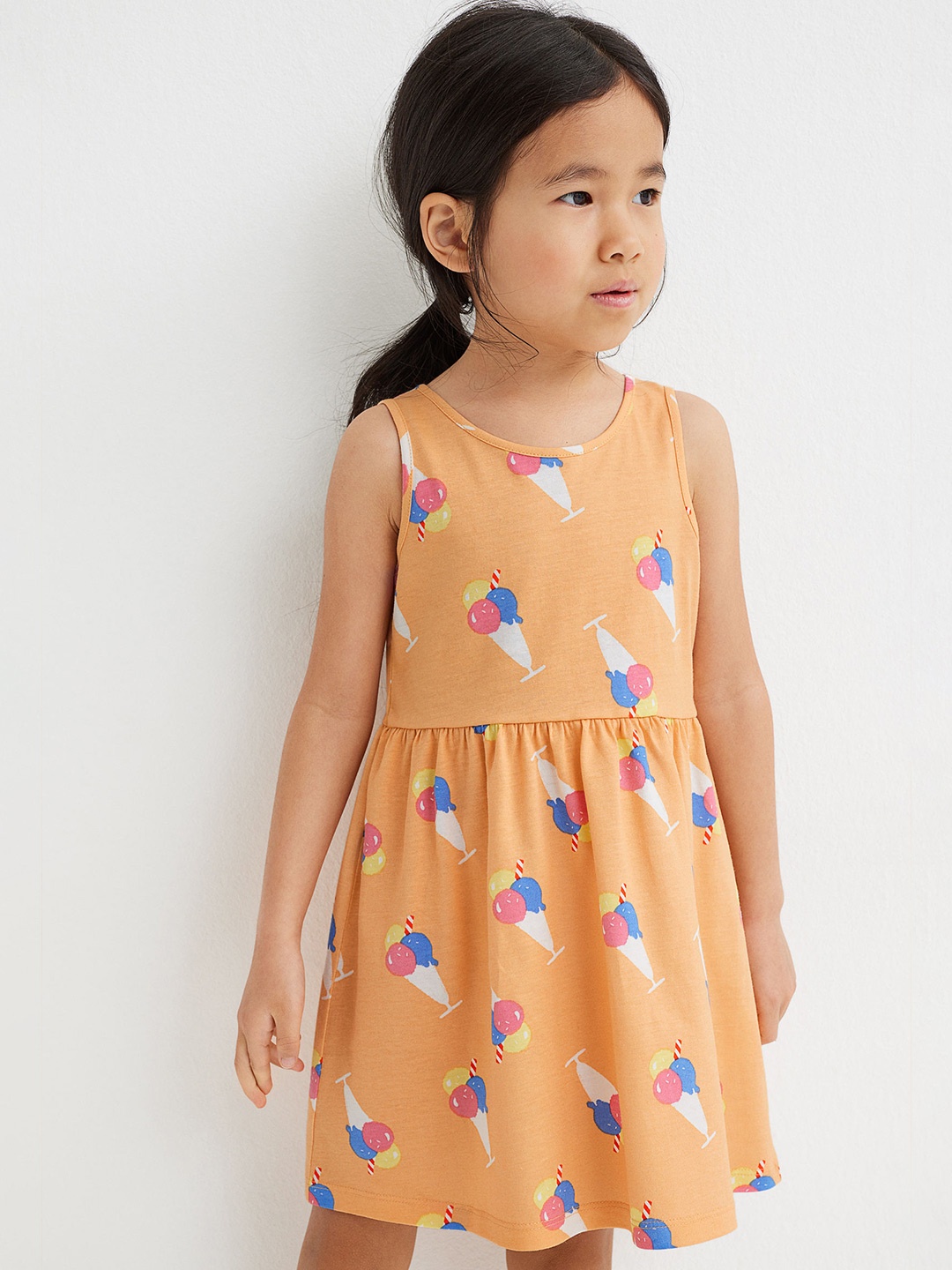 

H&M Girls Orange & White Round Neck Cotton Patterned Jersey Dress
