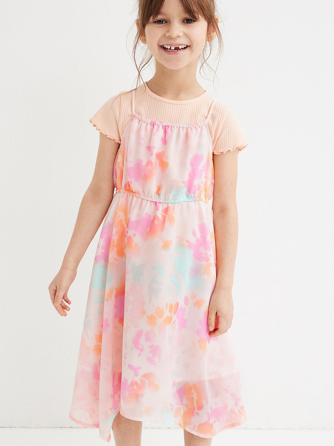 

H&M Girls Multicolored Shoulder Straps Asymmetric Chiffon Dress, Multi