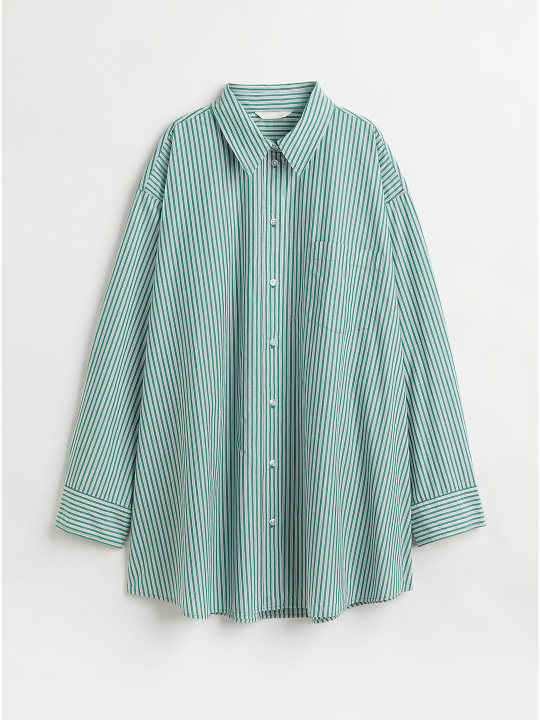 

H&M Women Green & White Striped Cotton Oversized Shirt
