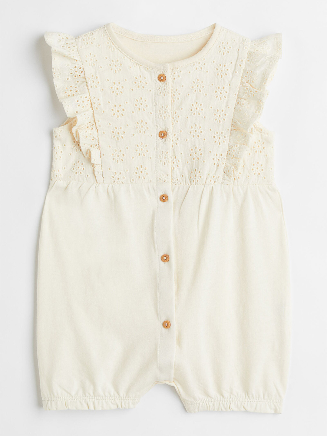 

H&M Girls Self Design Cotton Round Neck Flounce-Trimmed Romper Suit, White