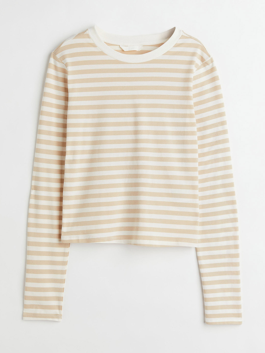 

H&M Women Beige Striped Long-Sleeved Cotton Top