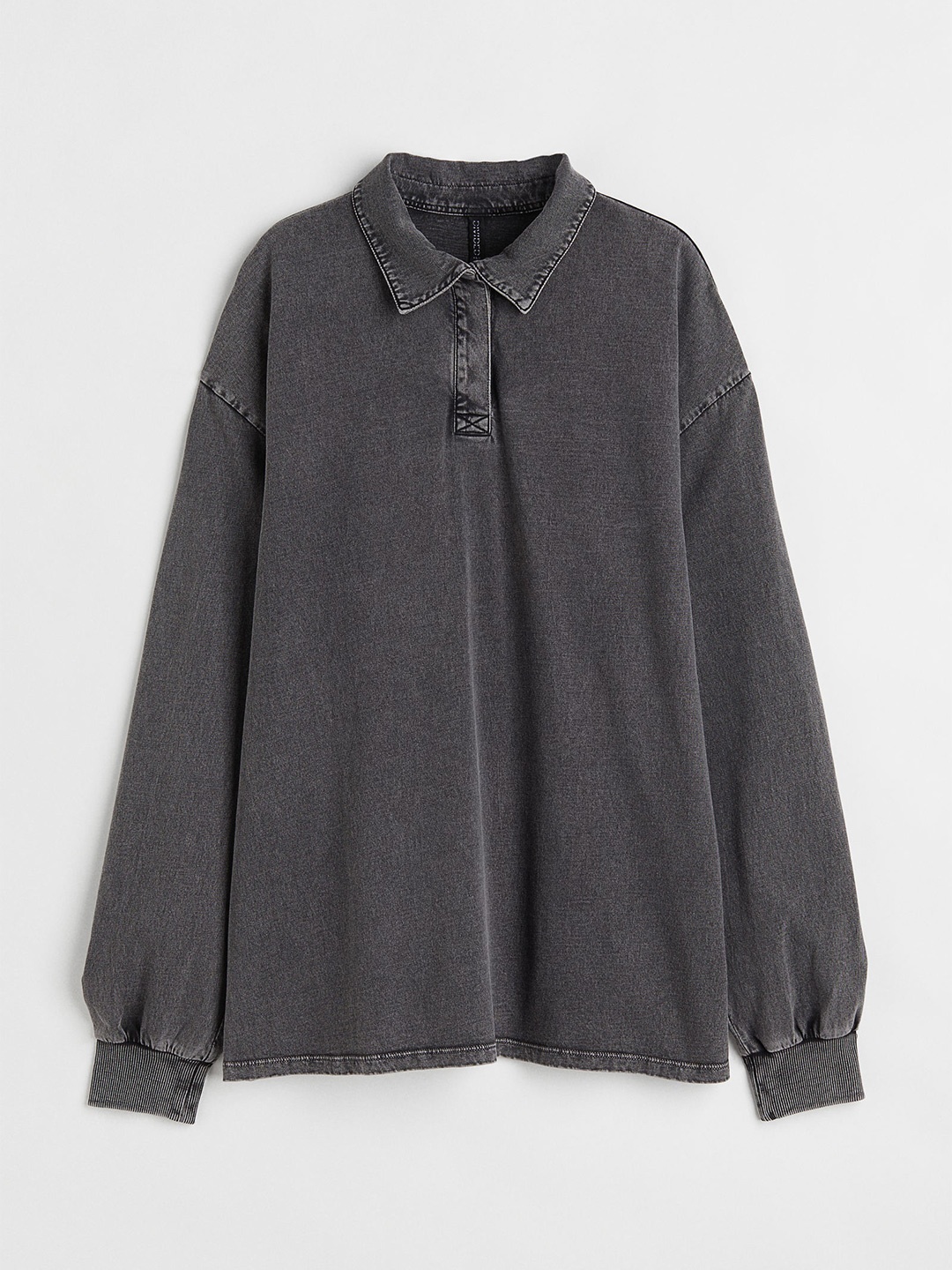 

H&M Women Black Solid Polo Collar Cotton Oversized Rugby Shirt