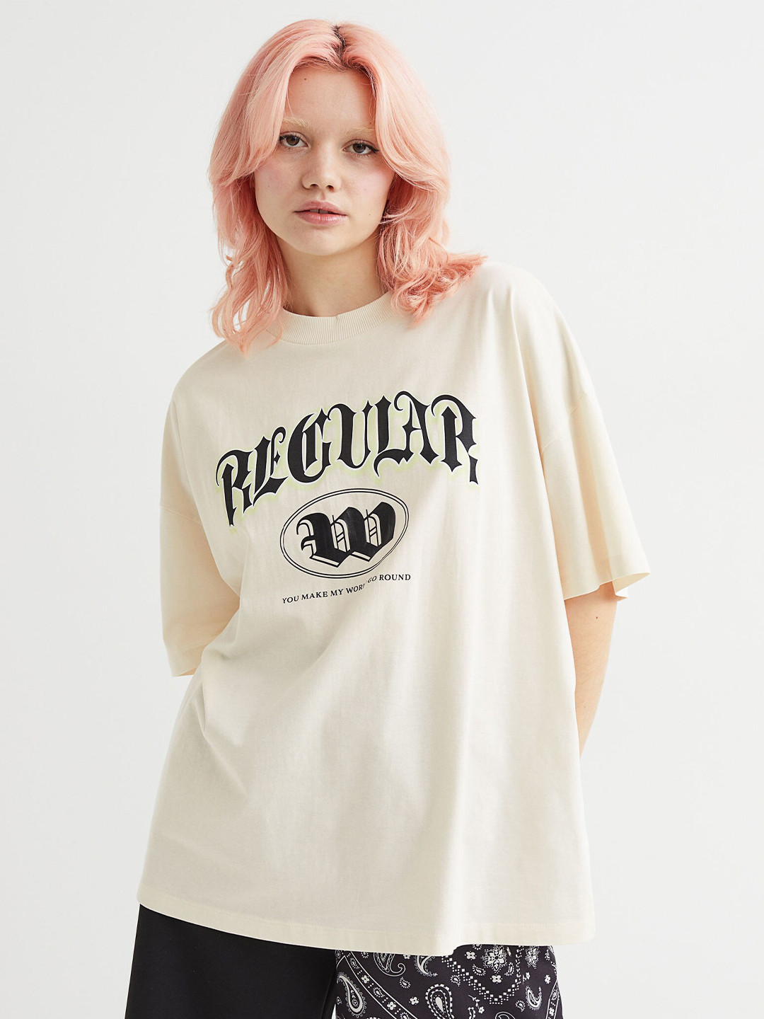 

H&M Women Beige & Black Cotton Round Neck Oversized Printed T-Shirt