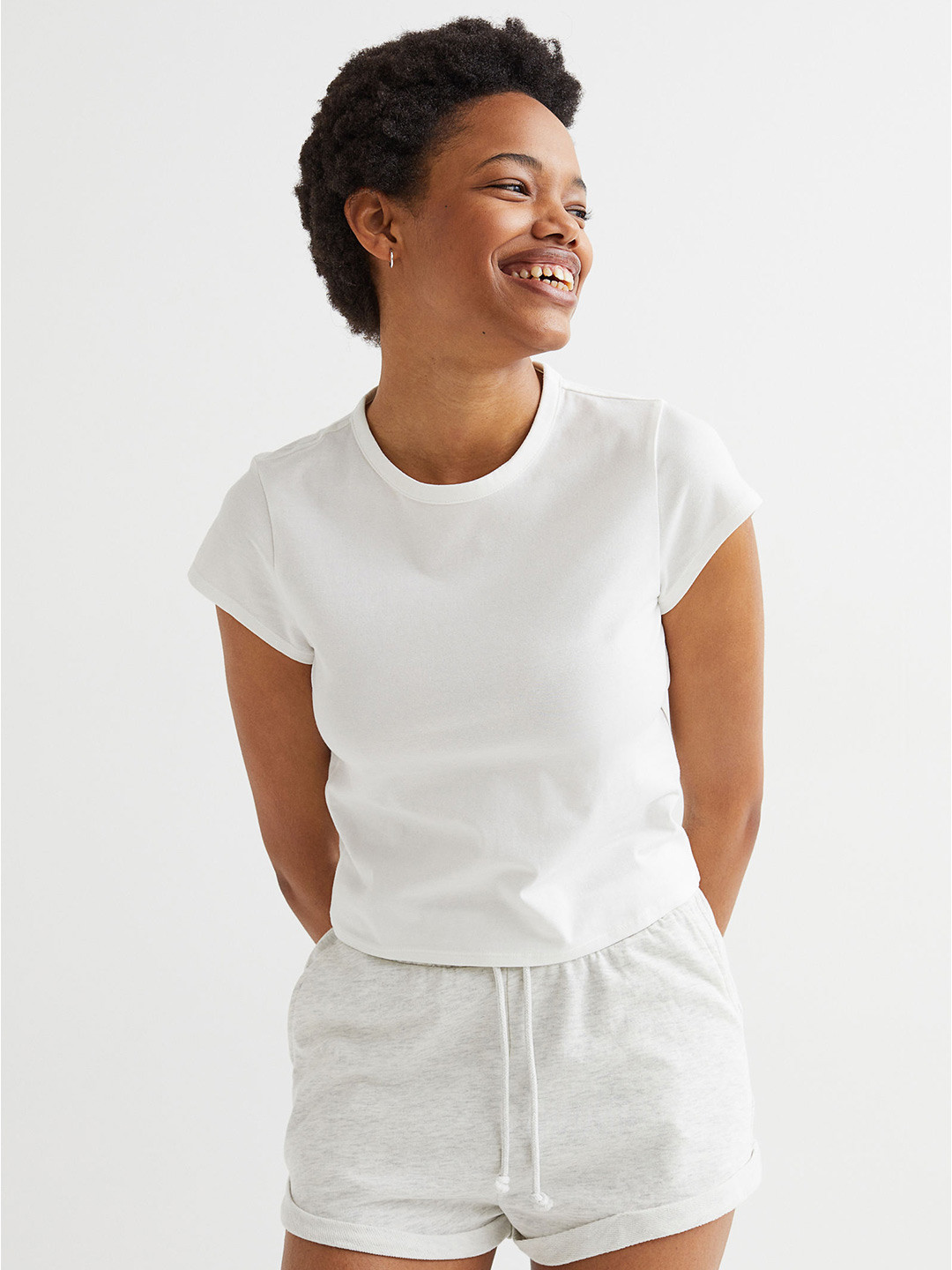 

H&M Women White Solid Round Neck Cotton Jersey T-Shirt