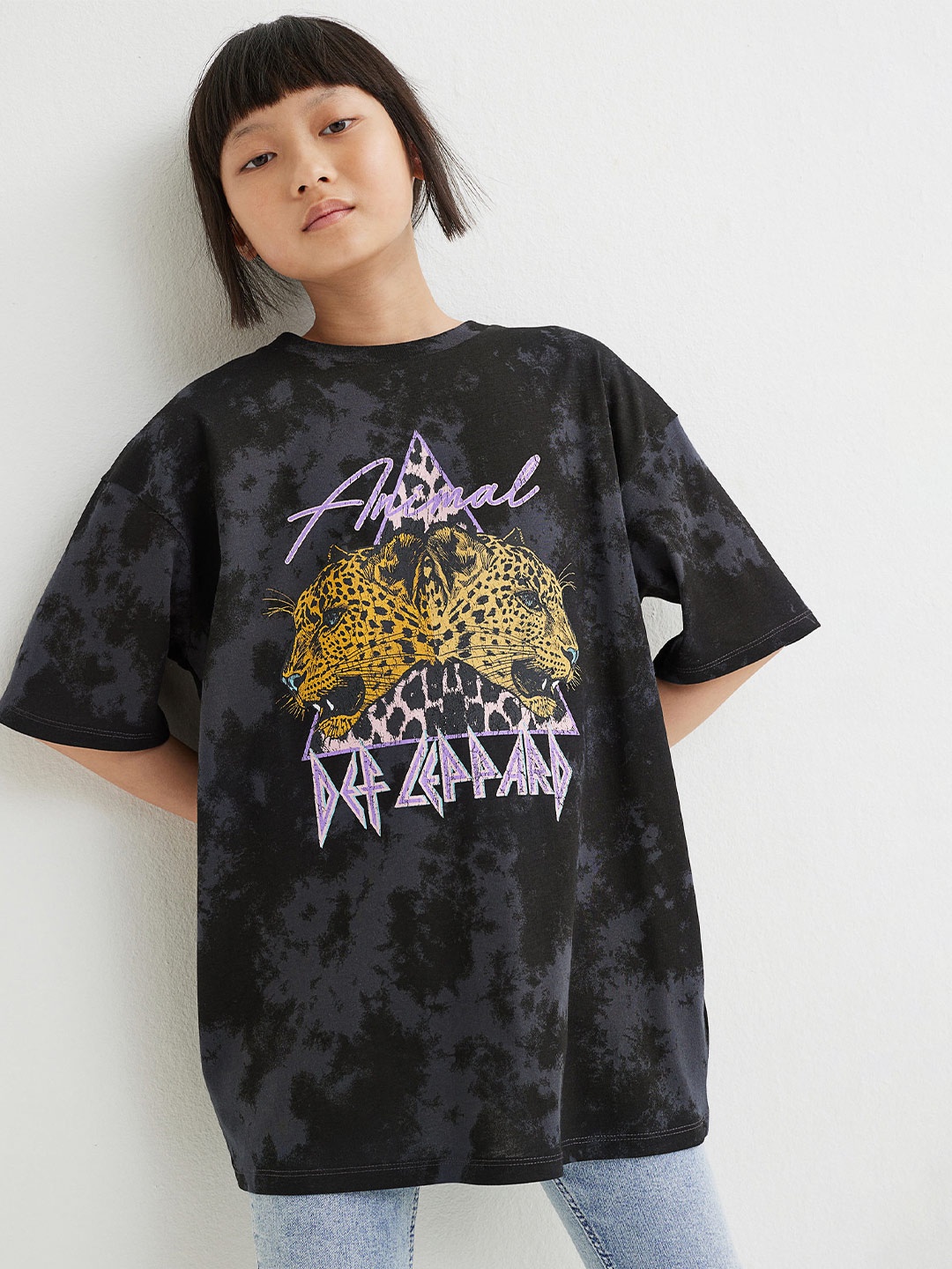 

H&M Girls Grey Oversized Printed Cotton T-shirt