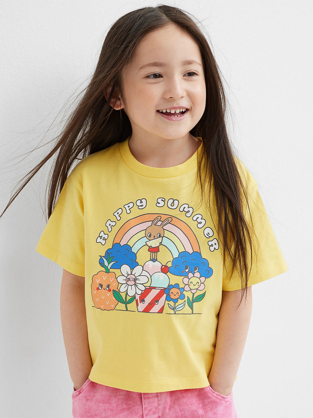 

H&M Girls Yellow Motif-Front Cotton T-shirt