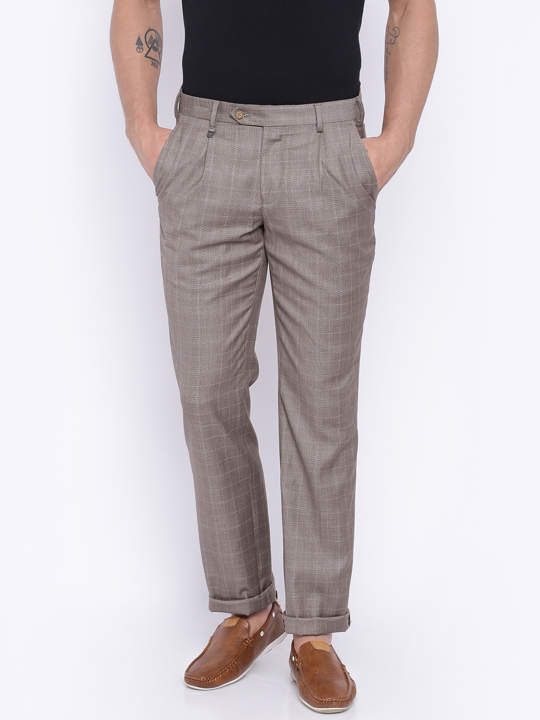 

Park Avenue Men Brown Checked Super Slim Fit Formal Trousers