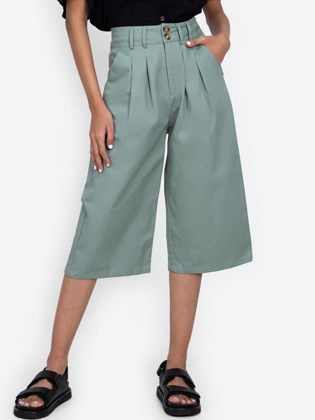 

ZALORA BASICS Women Blue Solid Pleated Cotton Culottes Trousers