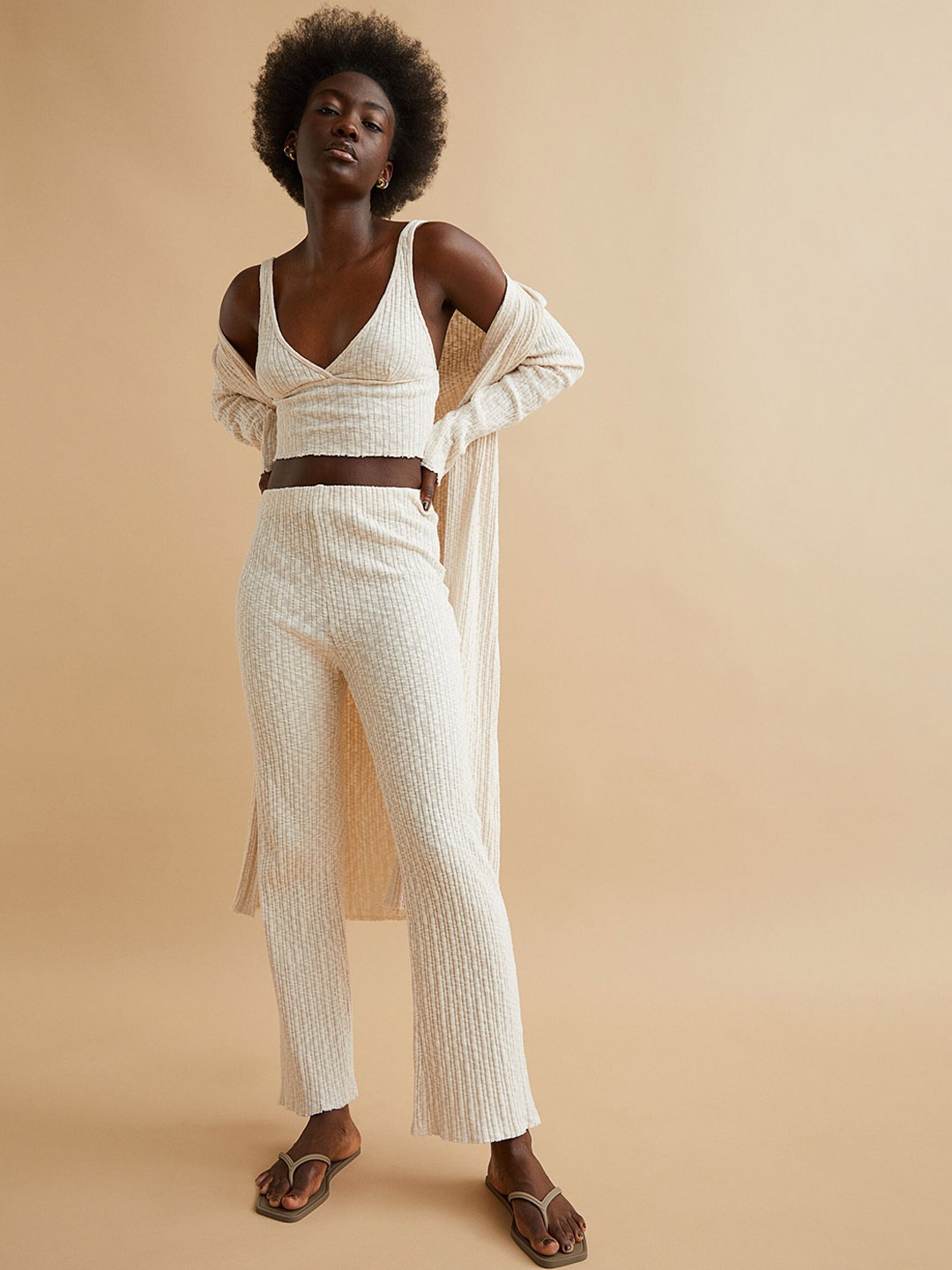 

H&M Women White Rib-knit Trousers