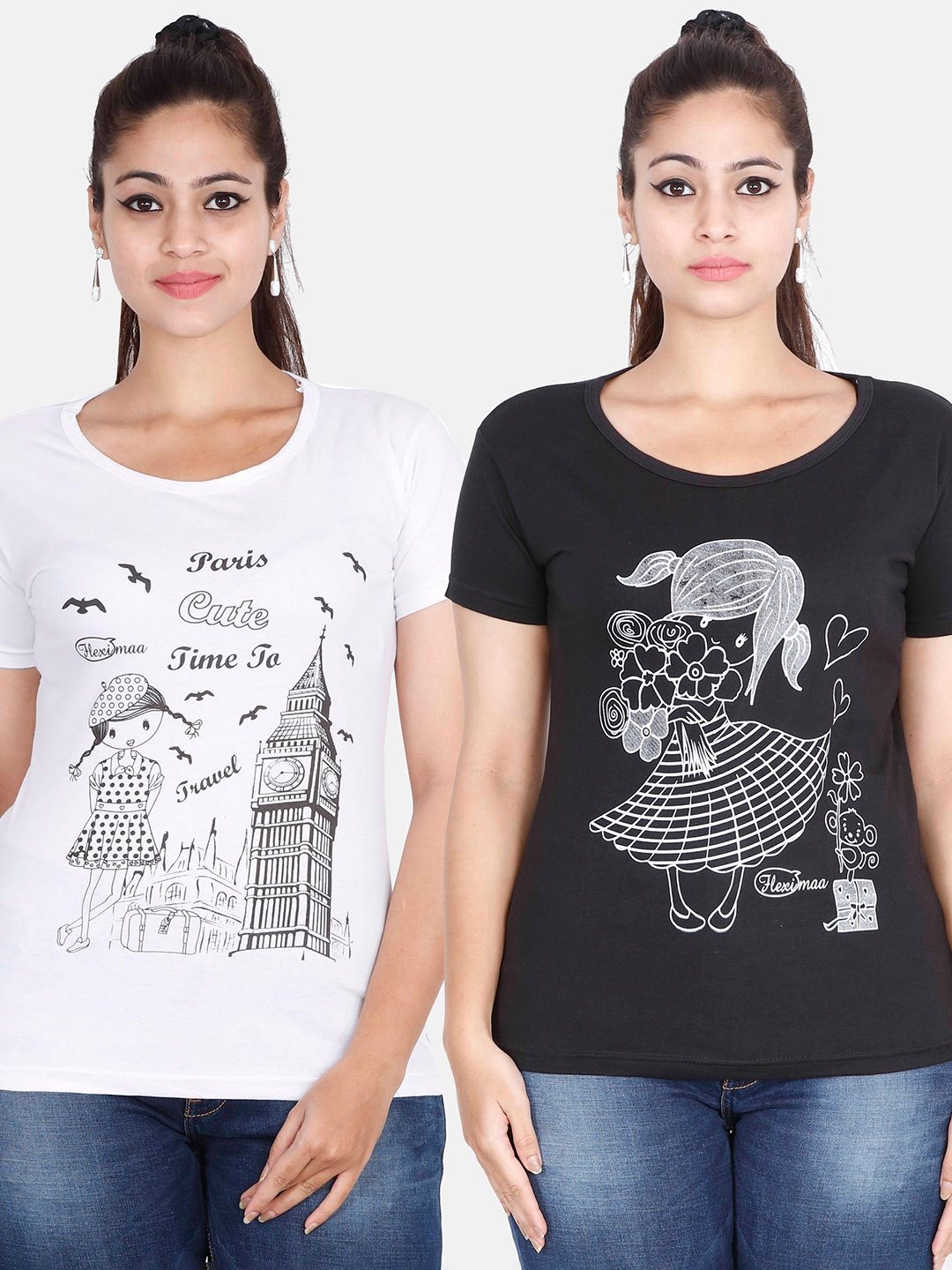 

Fleximaa Women Black & White Pack Of 2 Printed Cotton T-shirt
