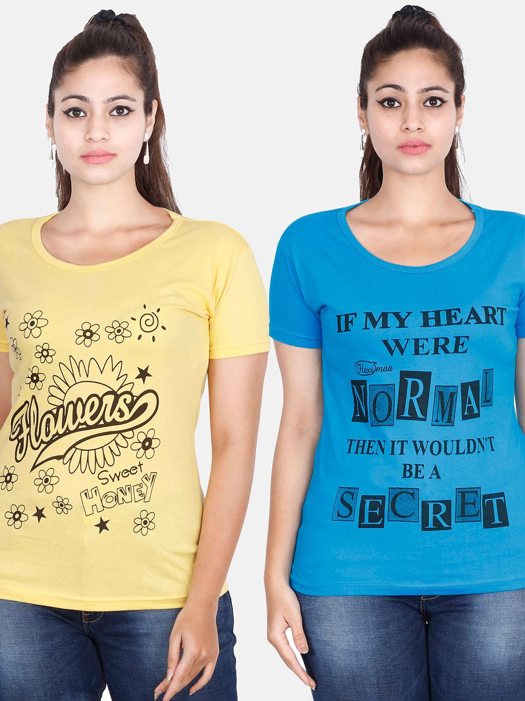 

Fleximaa Women Blue & Yellow Pack Of 2 Typography Printed Cotton T-shirt