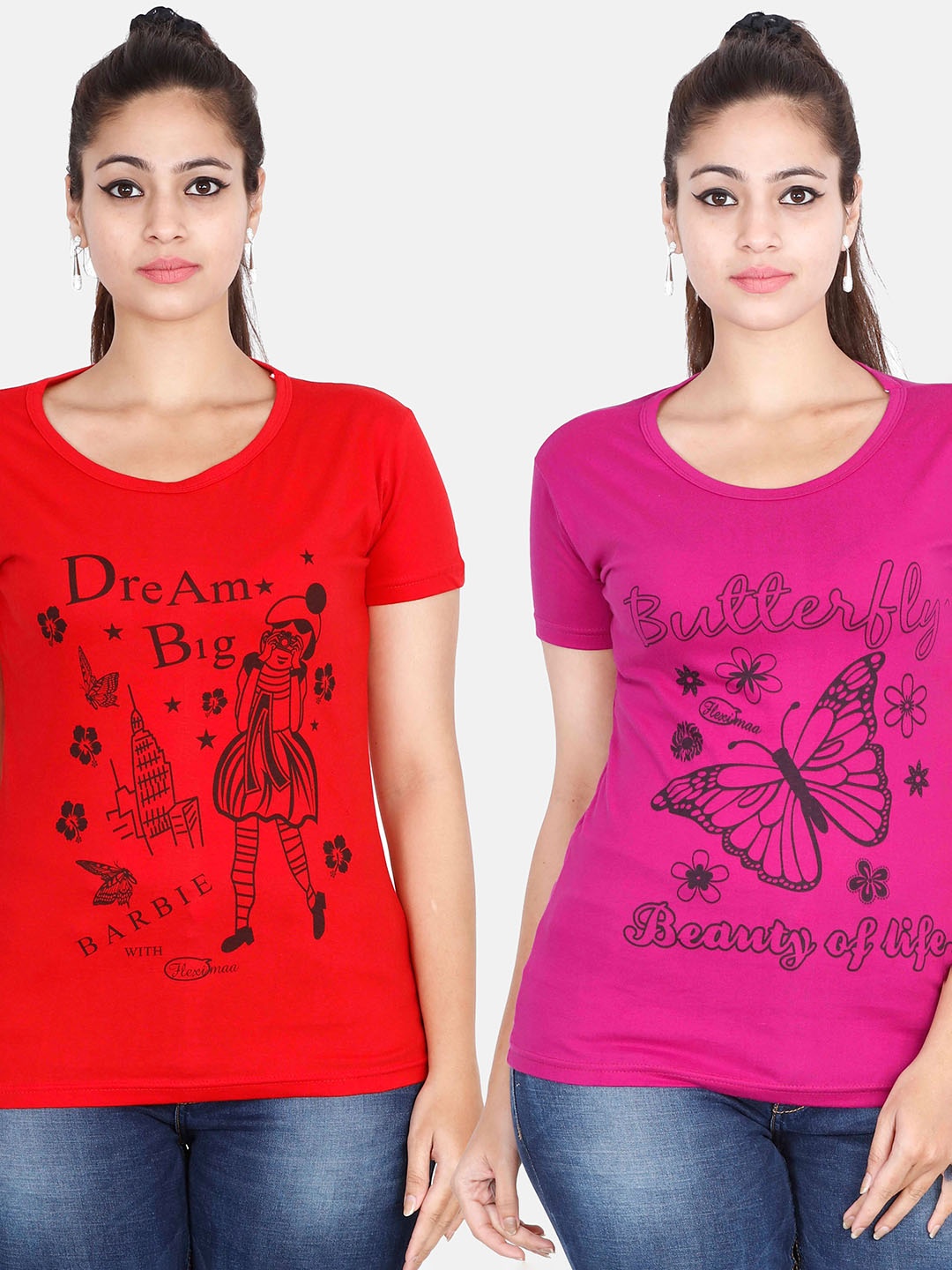 

Fleximaa Women Magenta & Red Pack Of 2 Printed Cotton T-shirt