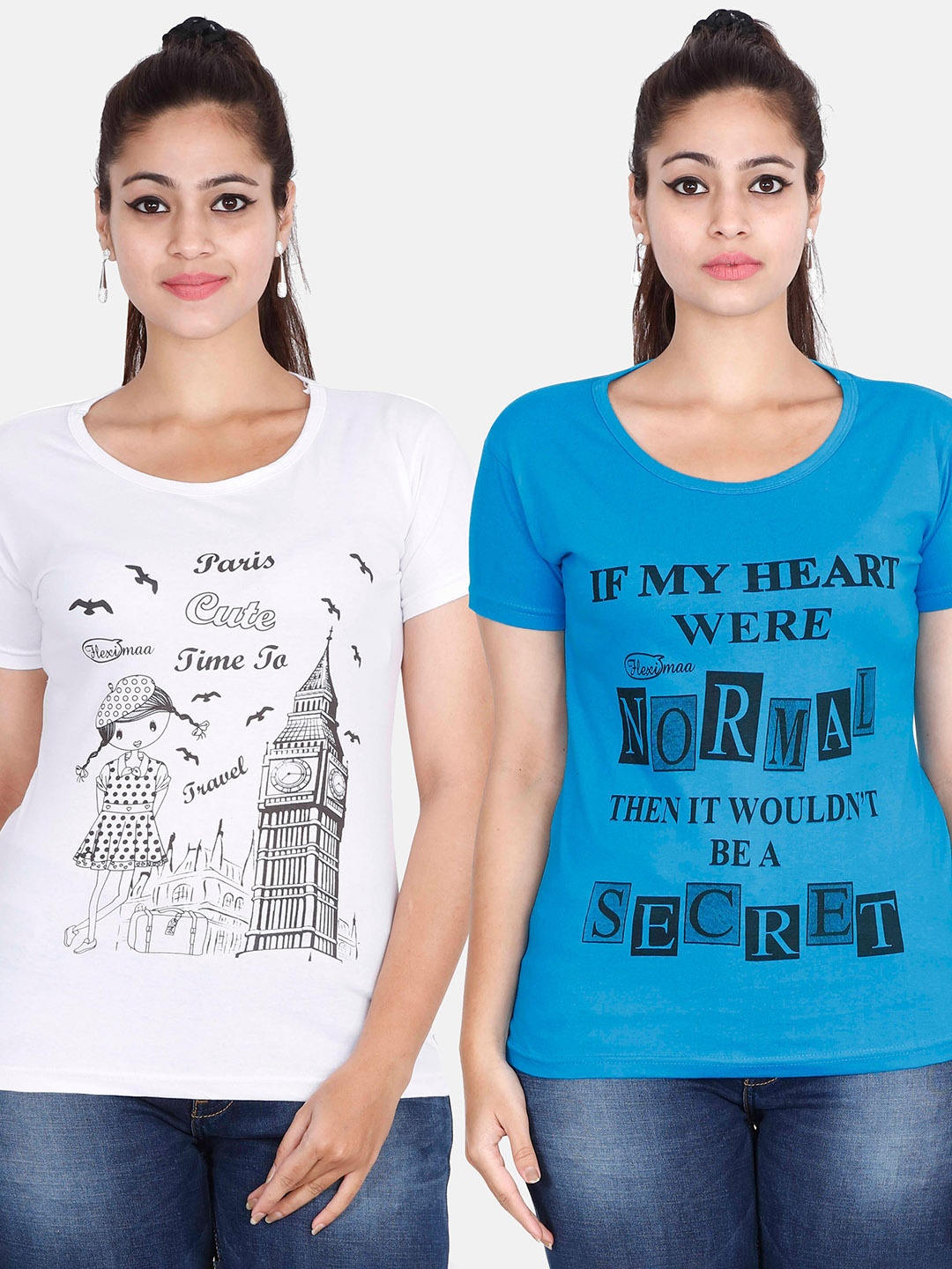 

Fleximaa Women Blue & White Pack Of 2 Typography Printed Cotton T-shirt