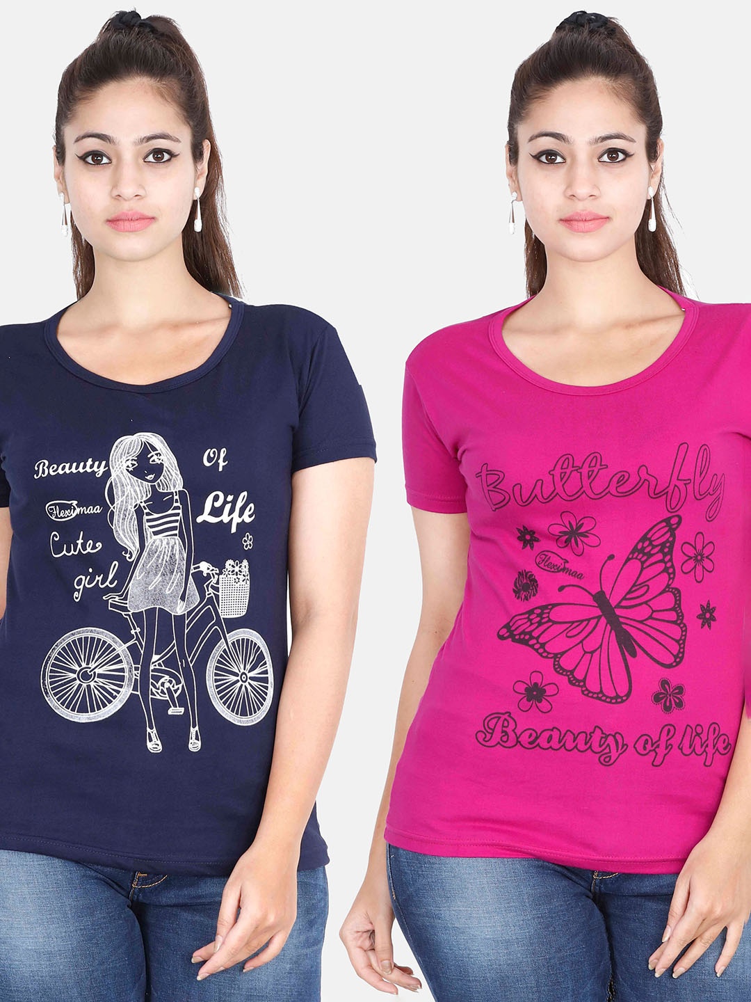 

Fleximaa Women Navy Blue & Magenta Pack Of 2 Printed Cotton T-shirt