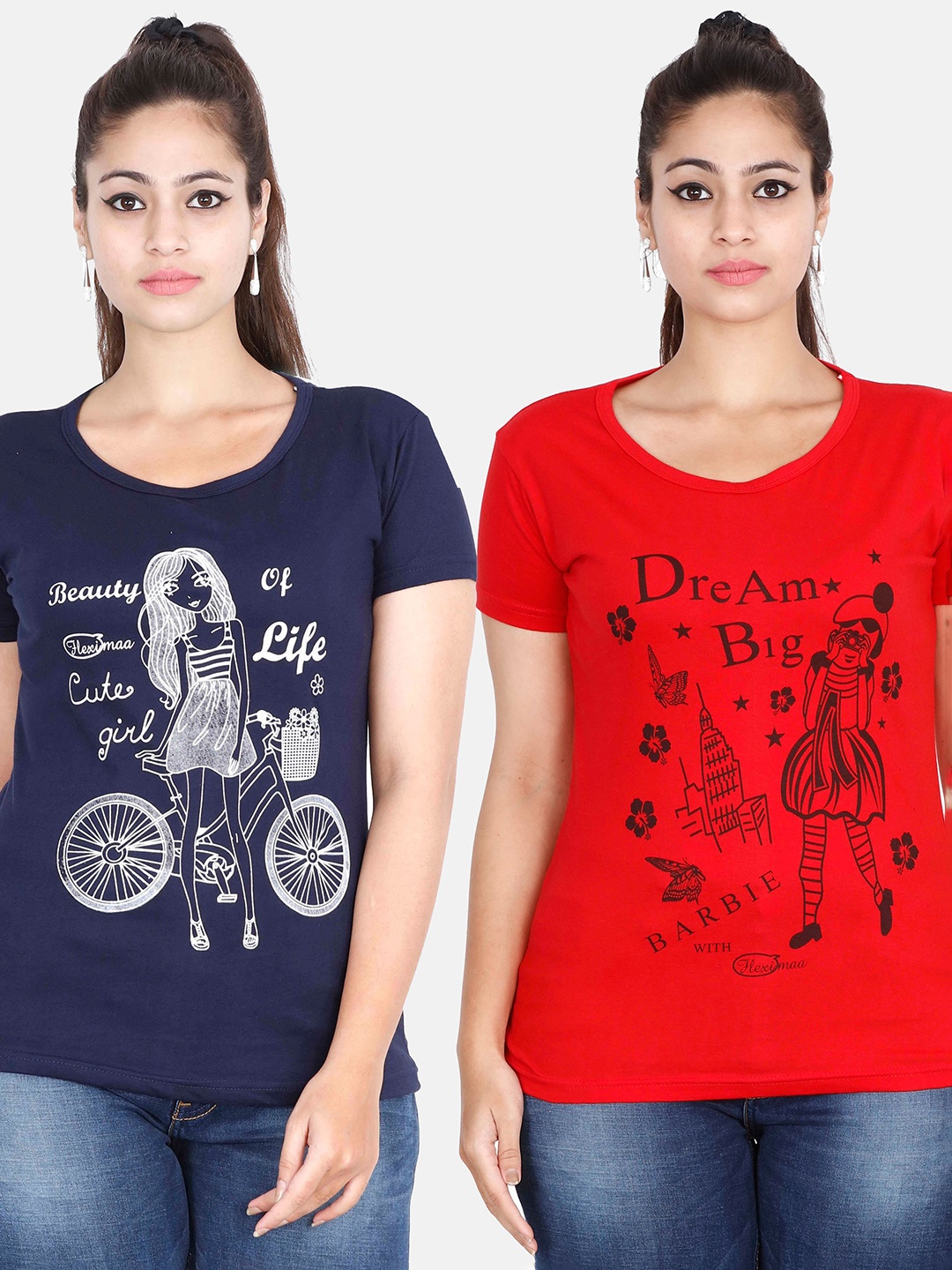 

Fleximaa Women Navy Blue & Red Pack Of 2 Printed Cotton T-shirt