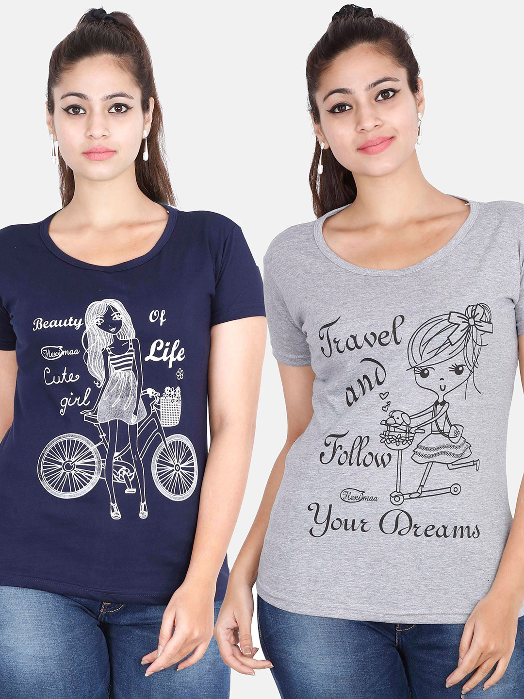 

Fleximaa Women Navy Blue & Grey Pack Of 2 Printed Cotton T-shirt