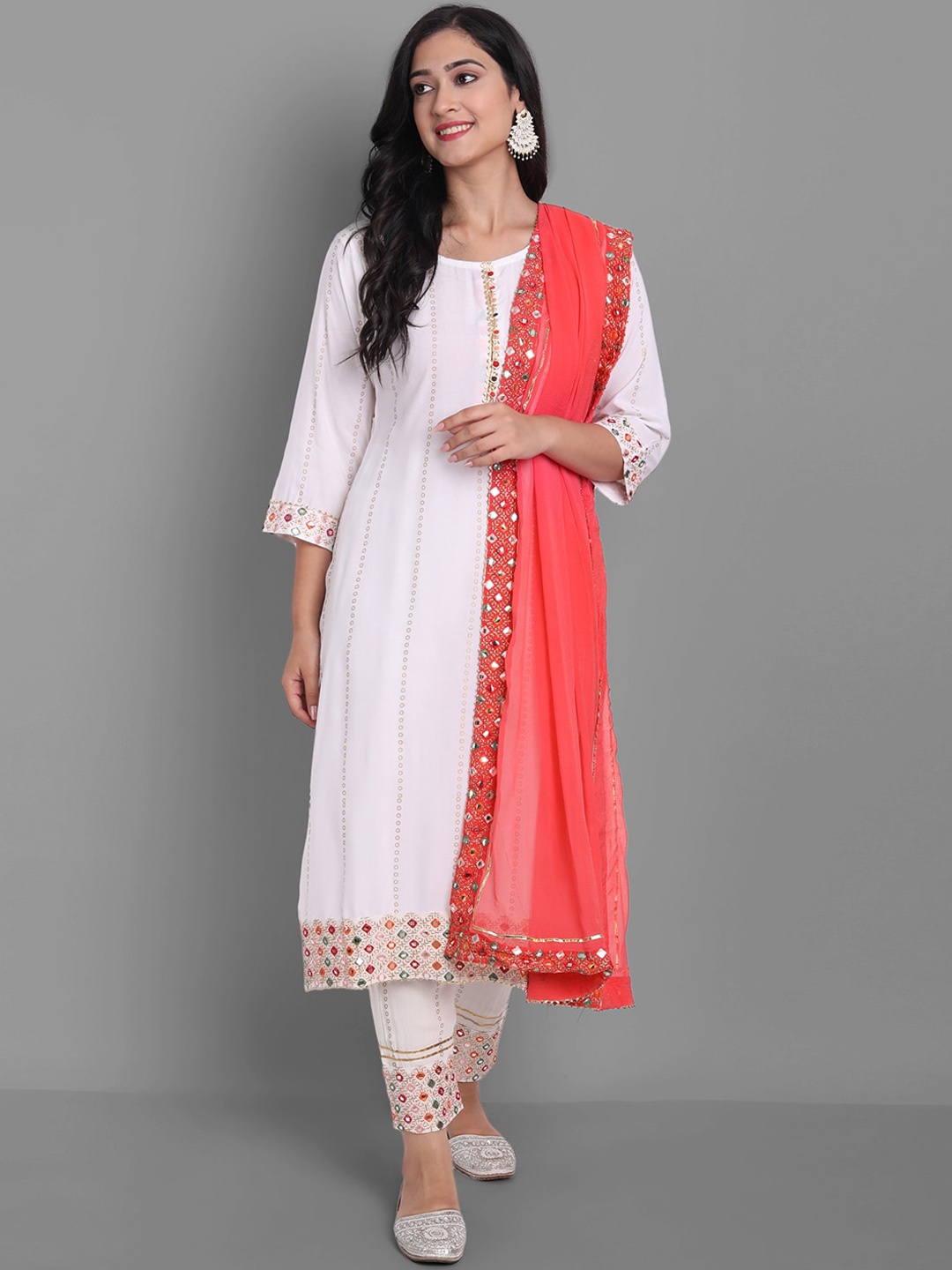 

Ziva Fashion Women White Embroidered Panelled Mirror Work Kurta with Trousers & With Dupatta