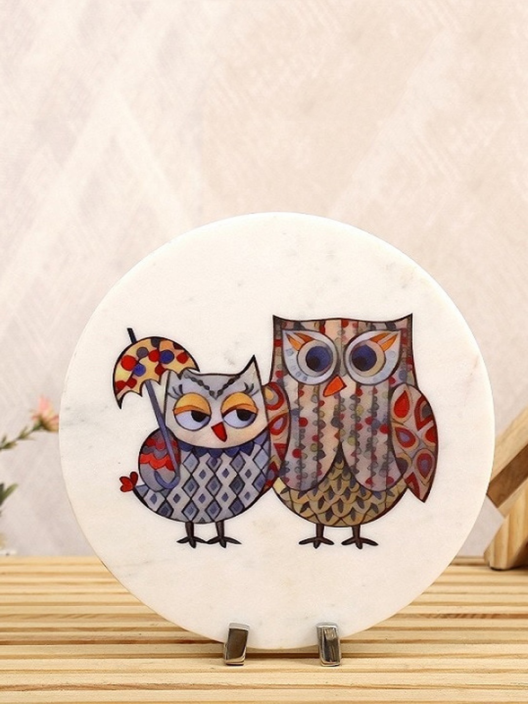 

POSH-N-PLUSH Off White & Blue Owl Printed Marble Showpieces