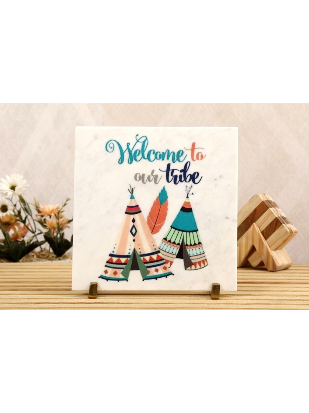 

POSH-N-PLUSH Multicolored Welcome to Our Tribe Printed Marble Showpieces, Multi