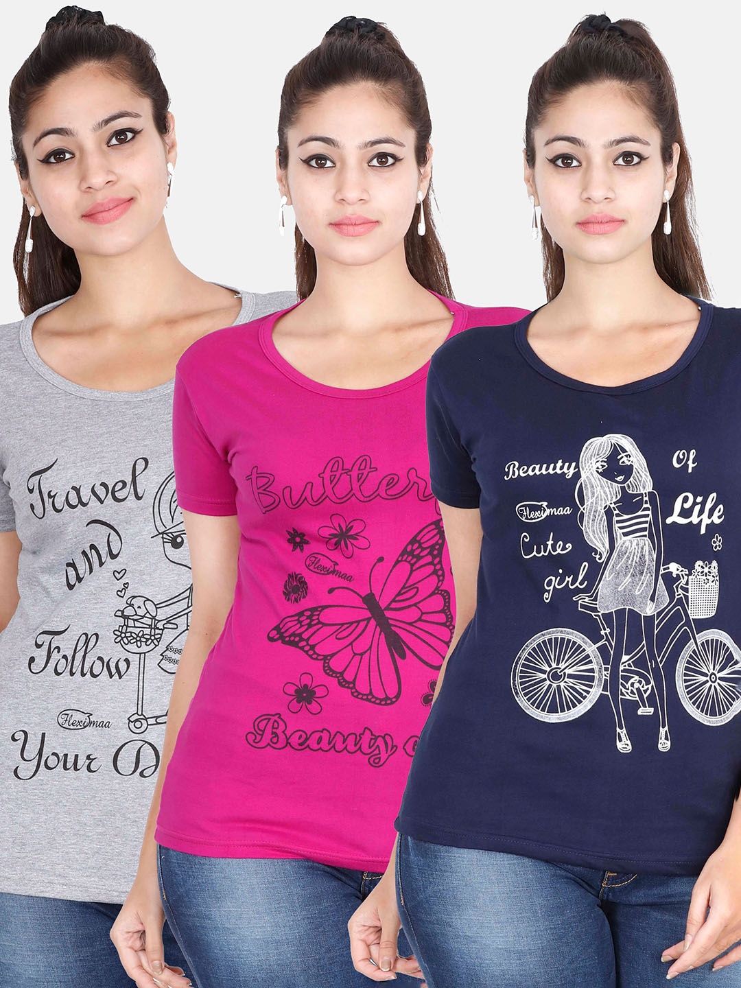 

Fleximaa Women Magenta & Grey Pack Of 3 Printed Cotton T-shirt