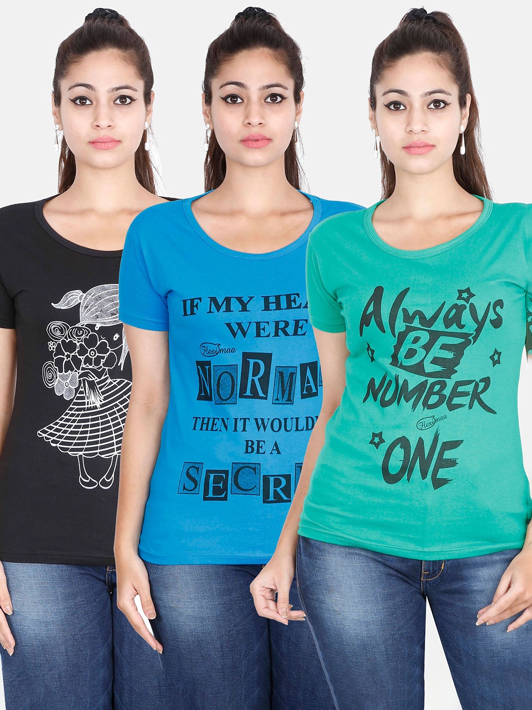 Fleximaa Women Green & Blue Pack Of 3 Typography Printed Cotton T-shirt