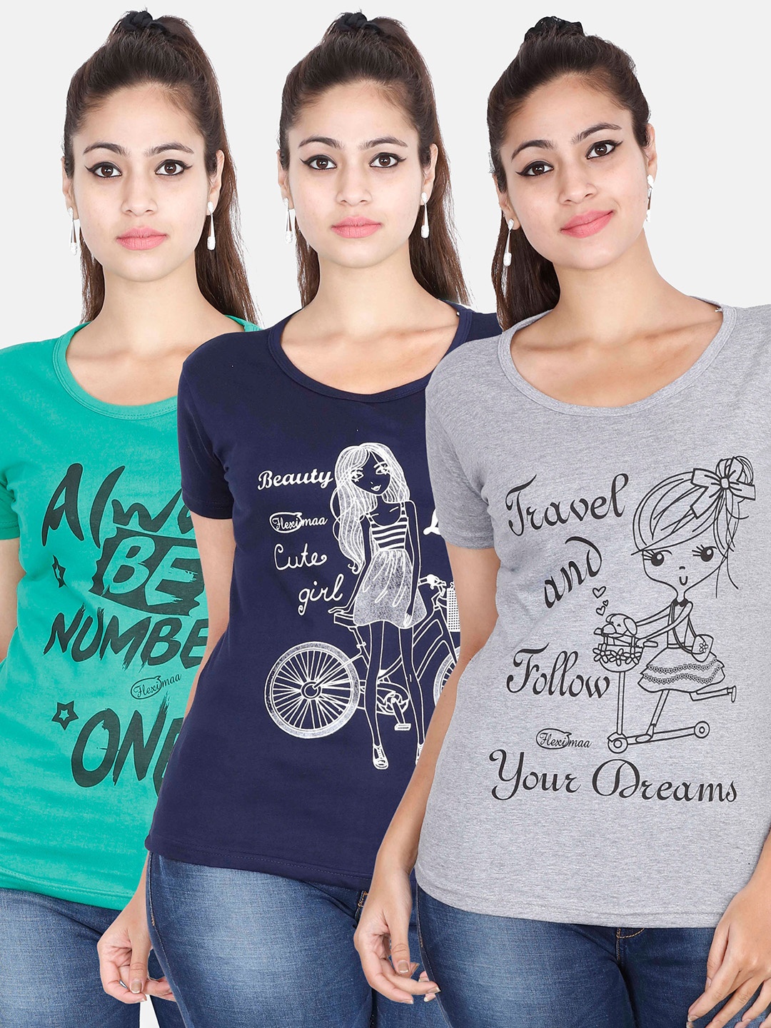 

Fleximaa Women Green & Grey Pack Of 3 Typography Printed Cotton T-shirt
