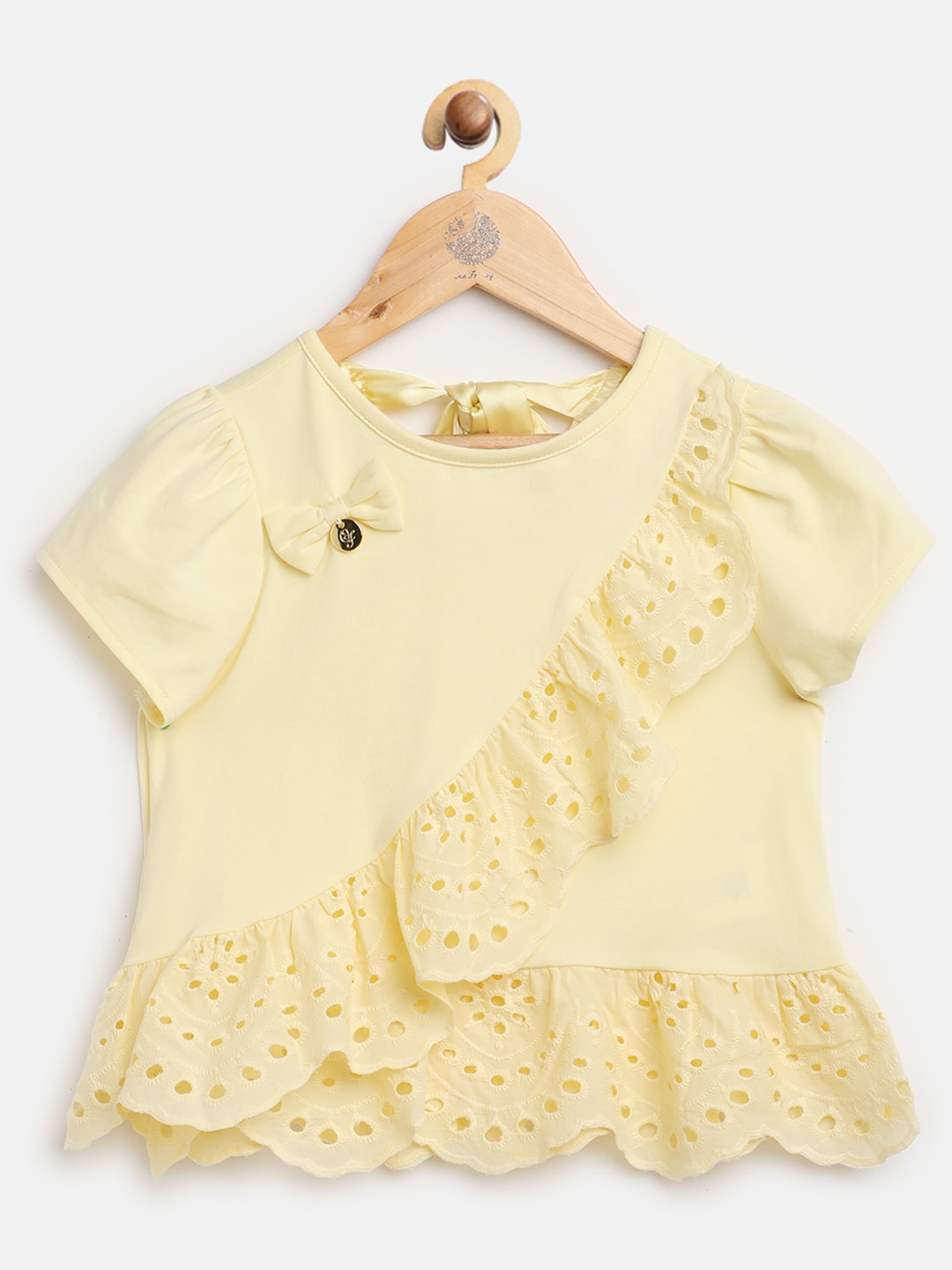 

One Friday Girls Yellow Puff Sleeves Schiffli Ruffled Pure Cotton Top