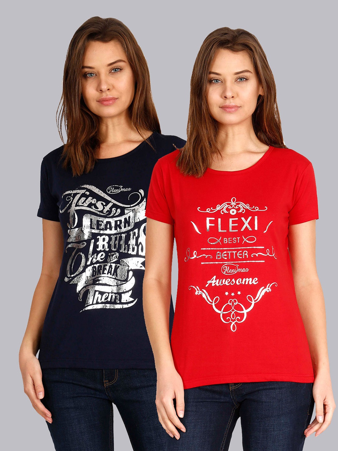 

Fleximaa Women Navy Blue & Red Typography Pack Of 2 Printed Cotton T-shirt