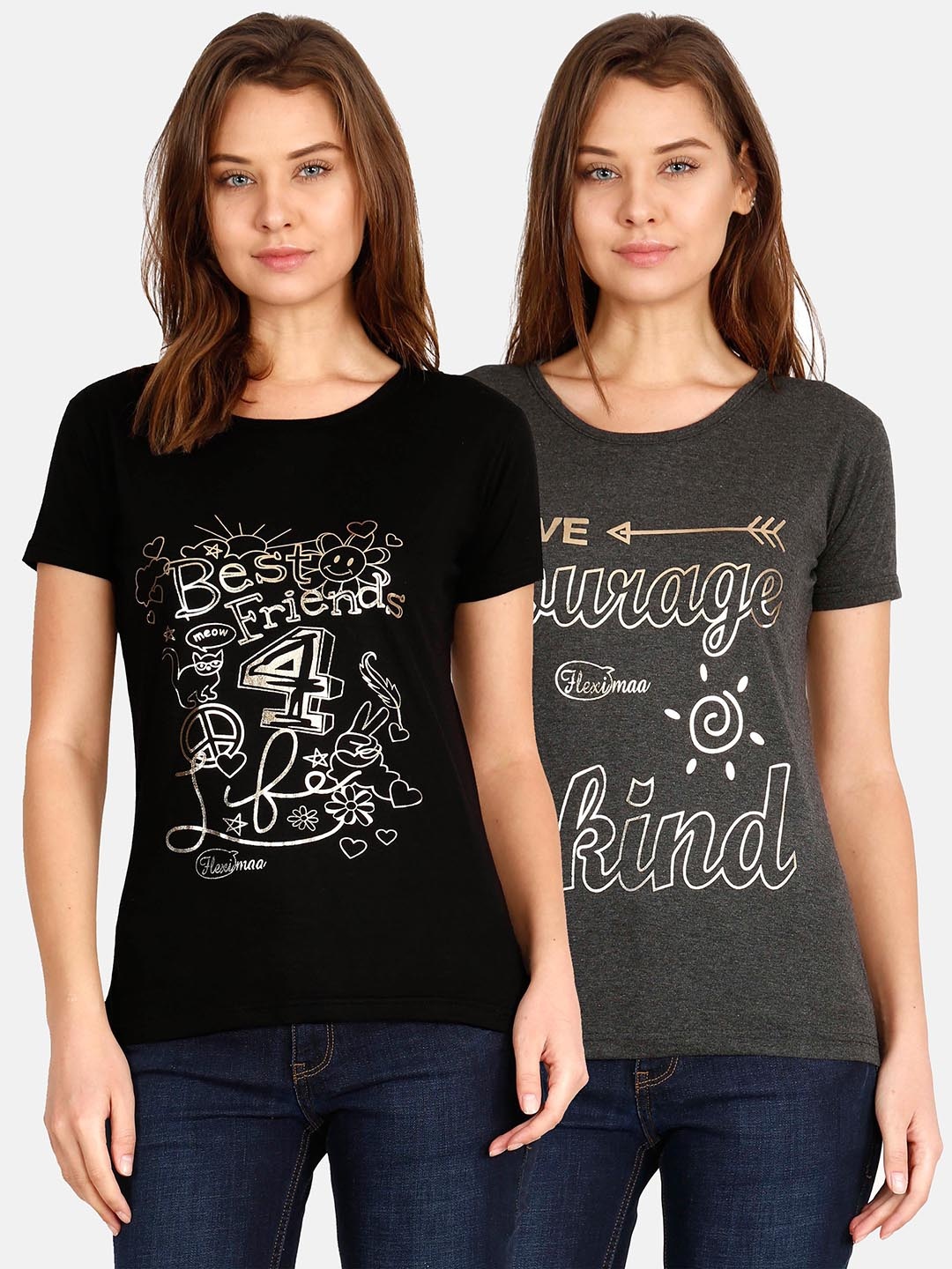 

Fleximaa Women Black & Grey Pack Of 2 Printed T-shirt